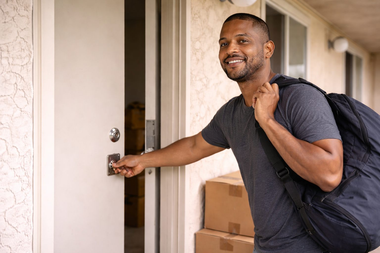 Young man opening door to apartment