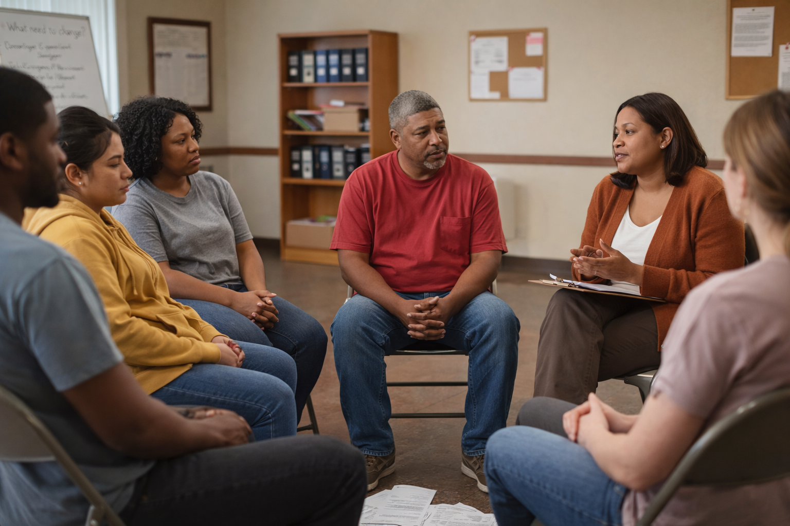 Support Group - Group of people sitting in circle talking
